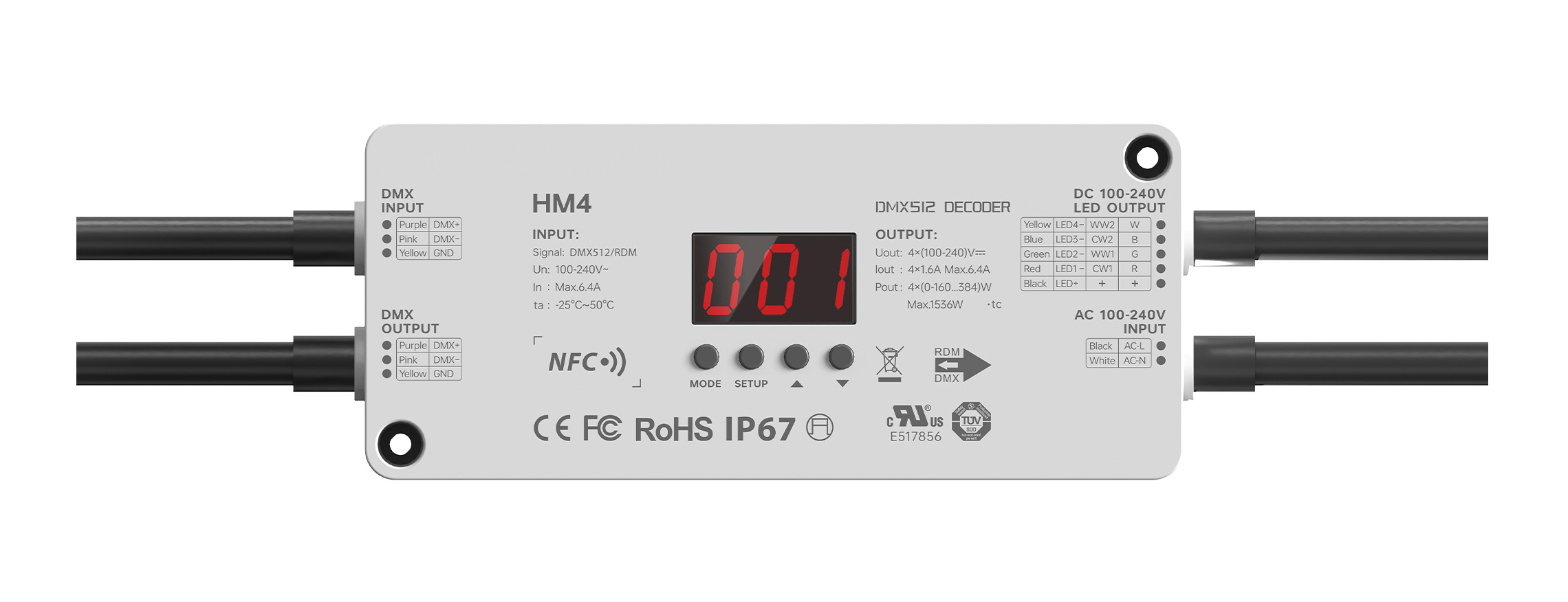 4CH NFC Waterproof DMX/RDM High-voltage LED Decoder HM4