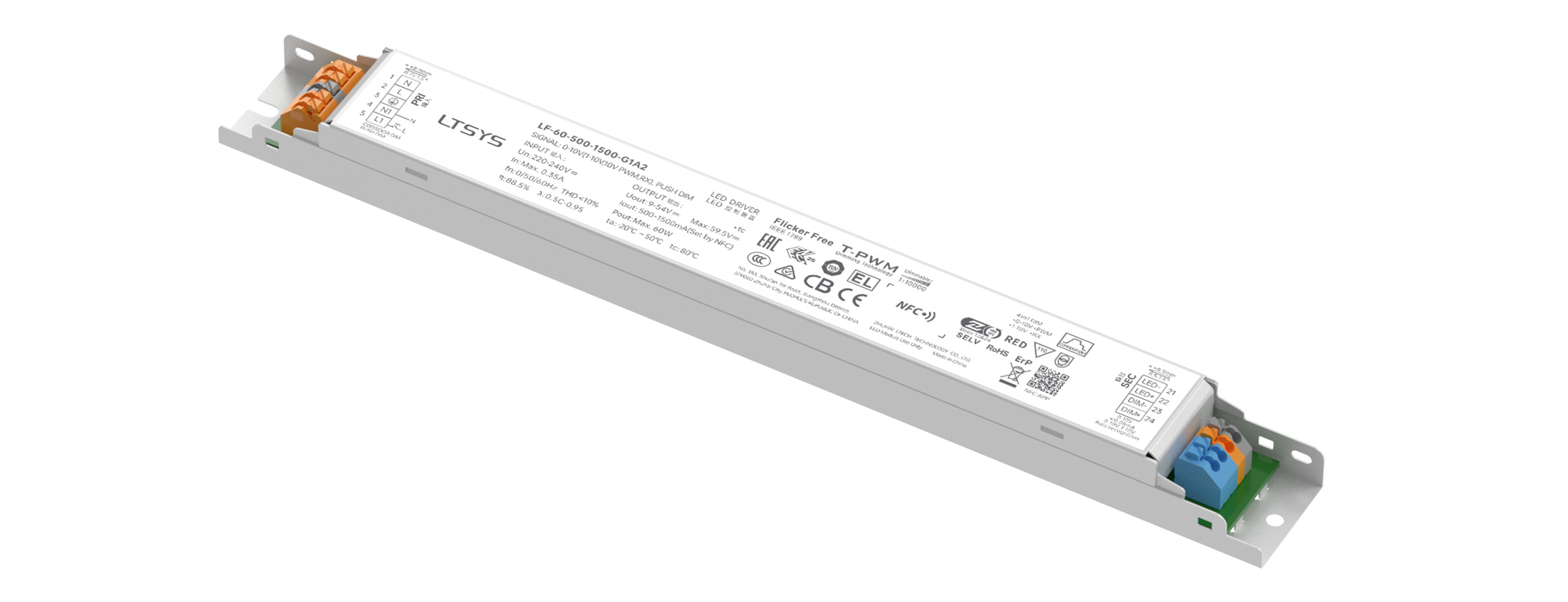 60W 500-1500mA NFC 0/1-10V CC Linear Intelligent Driver LF-60-500-1500-G1A2 (Built-in)