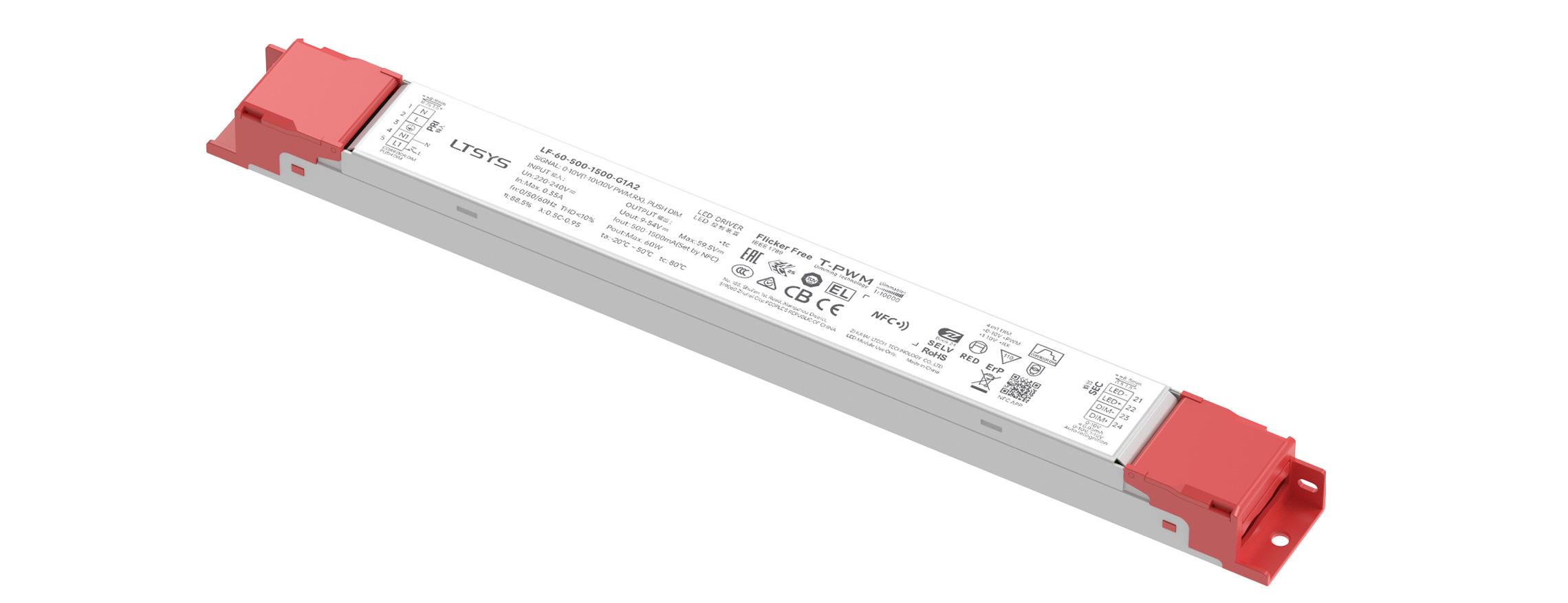 60W 500-1500mA NFC 0/1-10V CC Linear Intelligent Driver LF-60-500-1500-G1A2 (External)